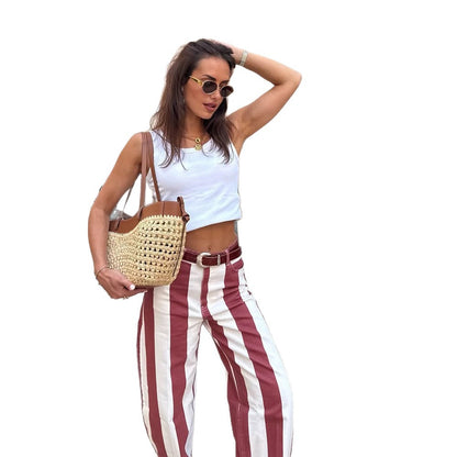 Women's High-Waisted Striped Linen Look Wide-Leg Casual Pants with Belt Loops EVA-US