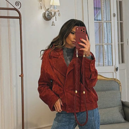 Women cropped suede leather jacket with high collar and double-breasted button placket EVA-US