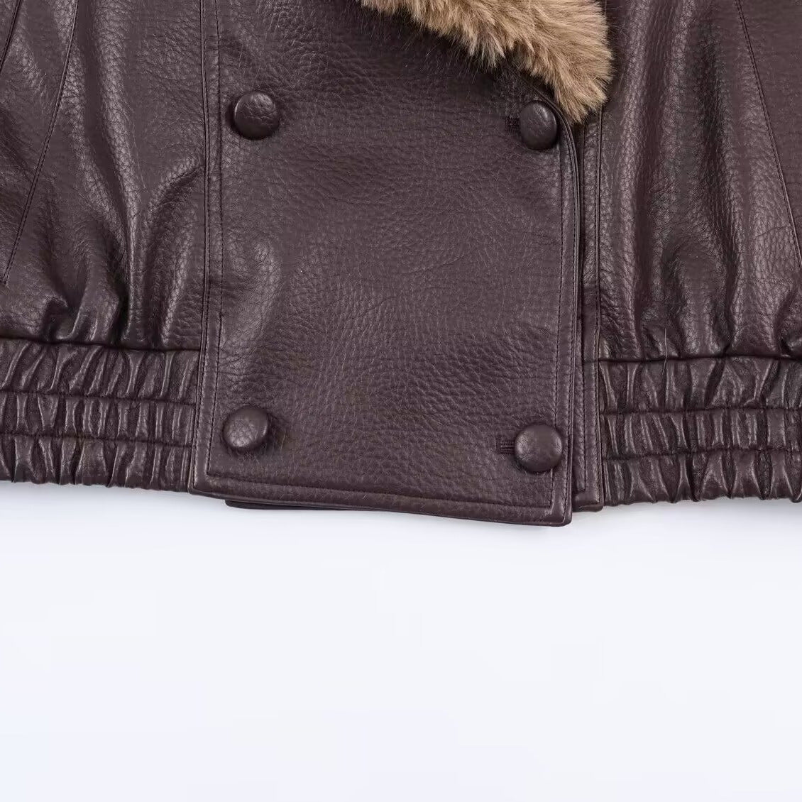 Women's Faux Leather Bomber Jacket with Large Faux Fur Collar EVA-US