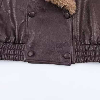 Women's Faux Leather Bomber Jacket with Large Faux Fur Collar EVA-US