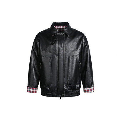 Men's Short Faux Leather Pilot Style Blouson Jacket with Checked Lining EVA-US