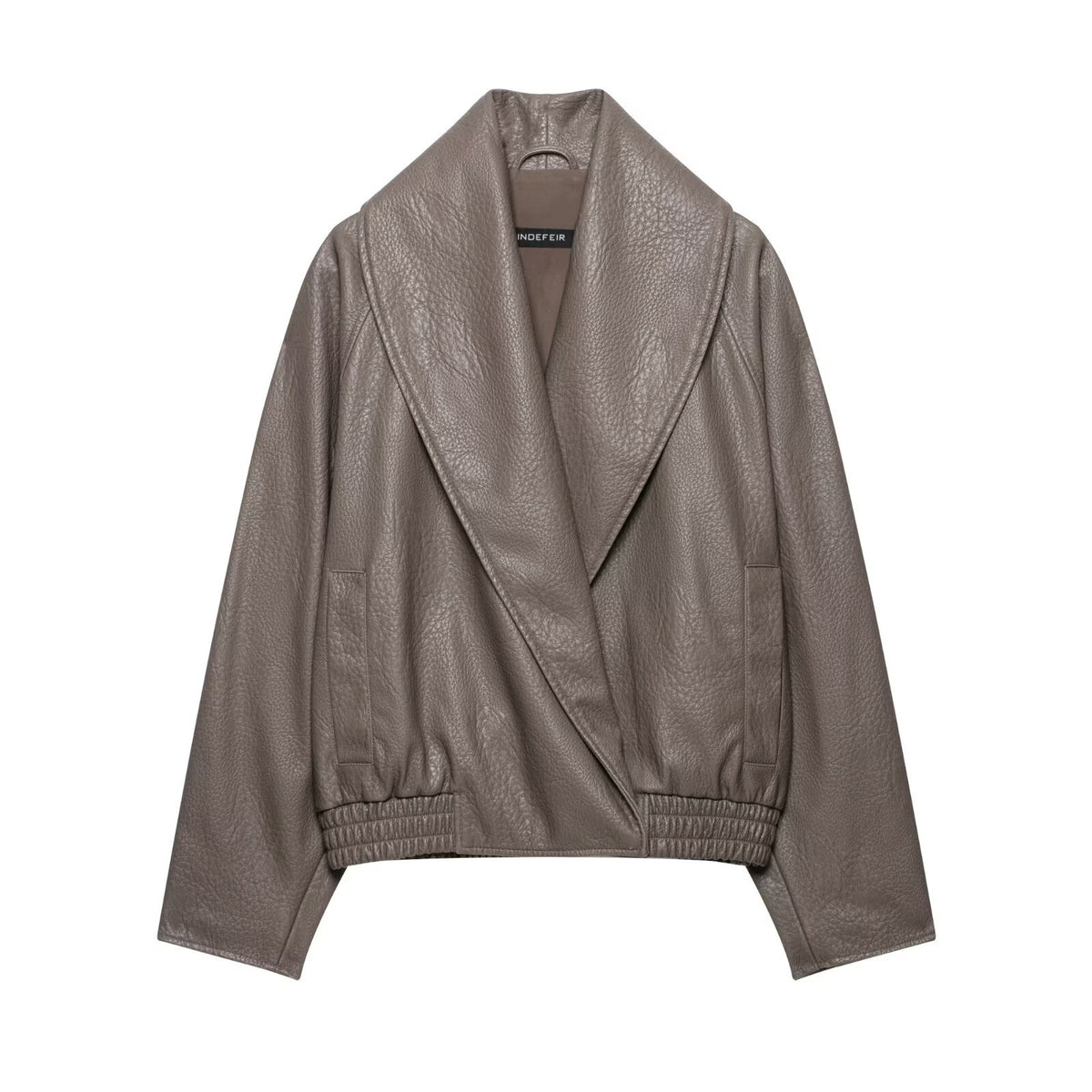 Women's Short Tailored Leather-Look Jacket with Oversized Shawl Collar and Gathered Hem EVA-US