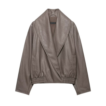 Women's Short Tailored Leather-Look Jacket with Oversized Shawl Collar and Gathered Hem EVA-US