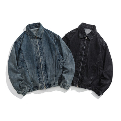 Unisex Short Cut Denim Worker Jacket with Continuous Zipper and Boxy Silhouette EVA-US