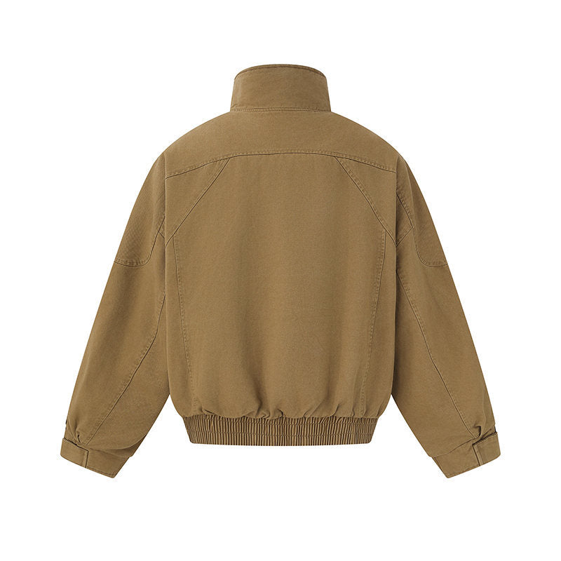 Men's short-cut canvas bomber jacket with high stand-up collar, concealed front placket, and zip pockets EVA-US