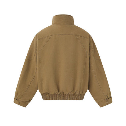 Men's short-cut canvas bomber jacket with high stand-up collar, concealed front placket, and zip pockets EVA-US