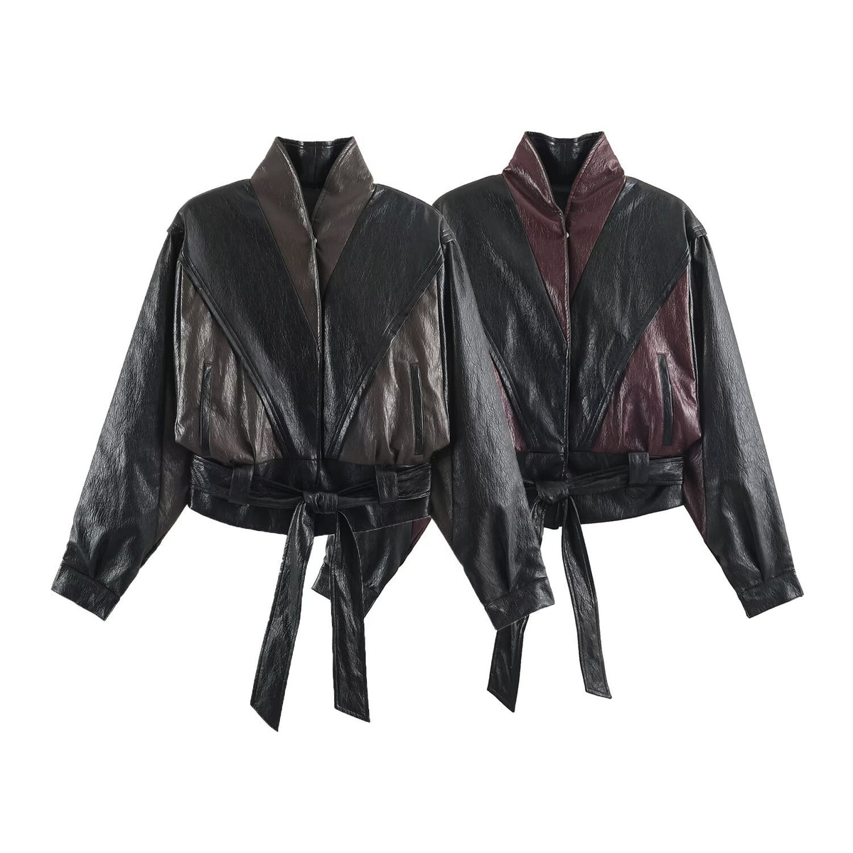 Women's short jacket in blouson style with high collar and tie belt EVA-US