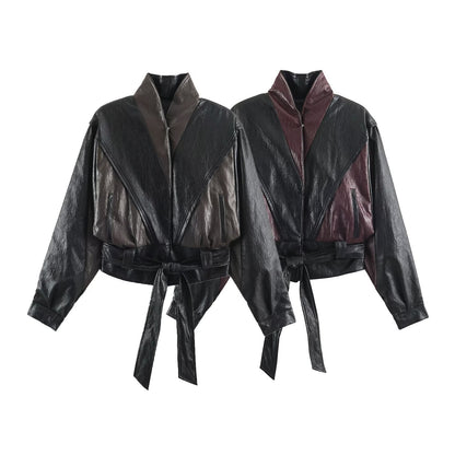 Women's short jacket in blouson style with high collar and tie belt EVA-US