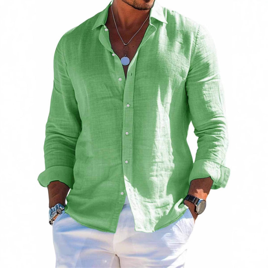 Men's textured linen shirt with open collar, lightweight texture, and casual-tailored fit EVA-US