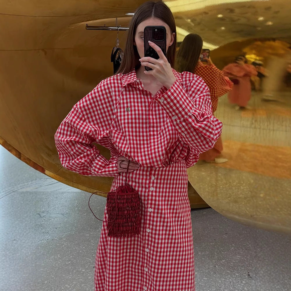 Women's checkered maxi dress with continuous button placket, fitted sash, and extended cuffs EVA-US