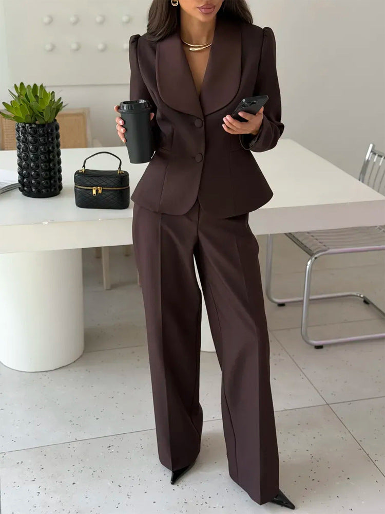 Women Tailored Blazer with Oversized Shawl Collar and High-Waisted Wide Leg Pants EVA-US