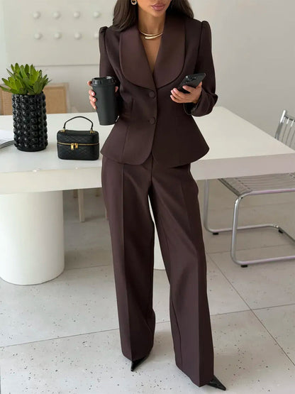 Women Tailored Blazer with Oversized Shawl Collar and High-Waisted Wide Leg Pants EVA-US