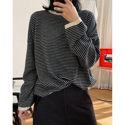 Women's Striped Fine Knit Sweater with Dropped Shoulder and Ribbed Collar EVA-US