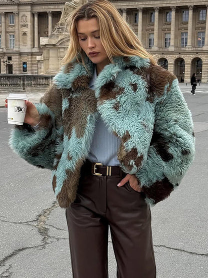Women's Cropped Faux Fur Coat with Voluminous Shawl Collar EVA-US
