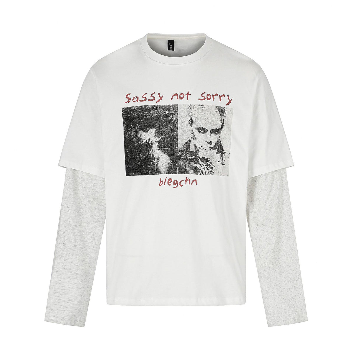 Women Layered Look Long Sleeve with Contrasting Sleeve Inserts and Vintage Print EVA-US