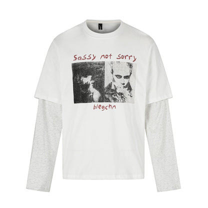 Women Layered Look Long Sleeve with Contrasting Sleeve Inserts and Vintage Print EVA-US