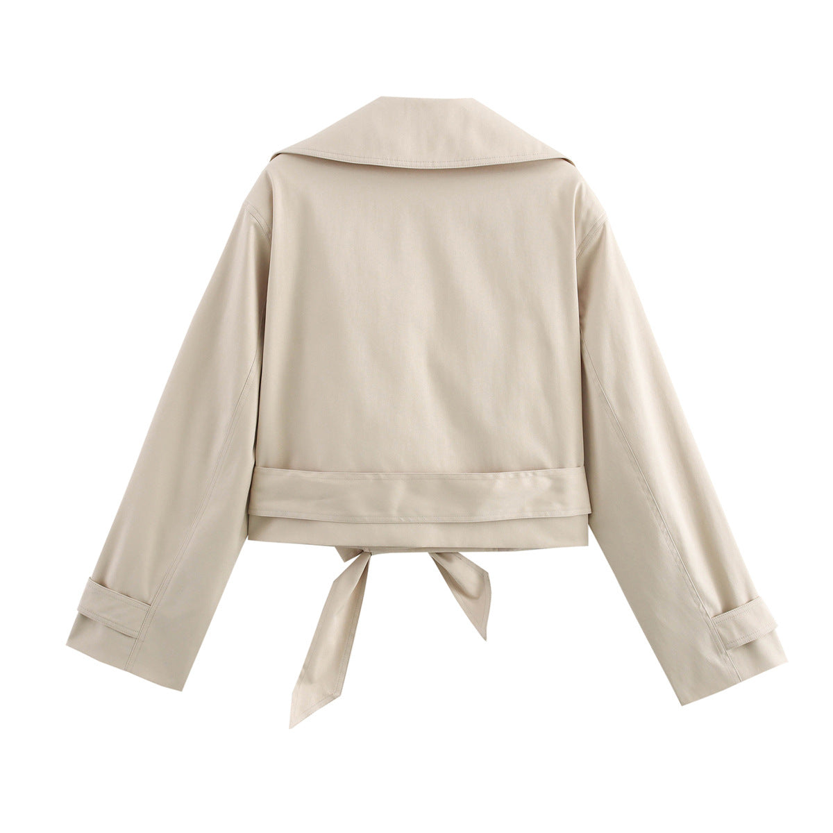 Women Short Cropped Trench Coat with Wide Shawl Collar, Waist Belt to Tie and Decorative Cuffs EVA-US