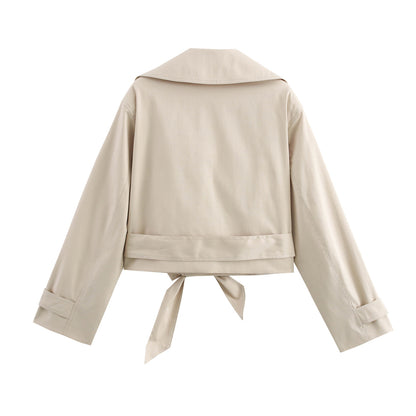 Women Short Cropped Trench Coat with Wide Shawl Collar, Waist Belt to Tie and Decorative Cuffs EVA-US