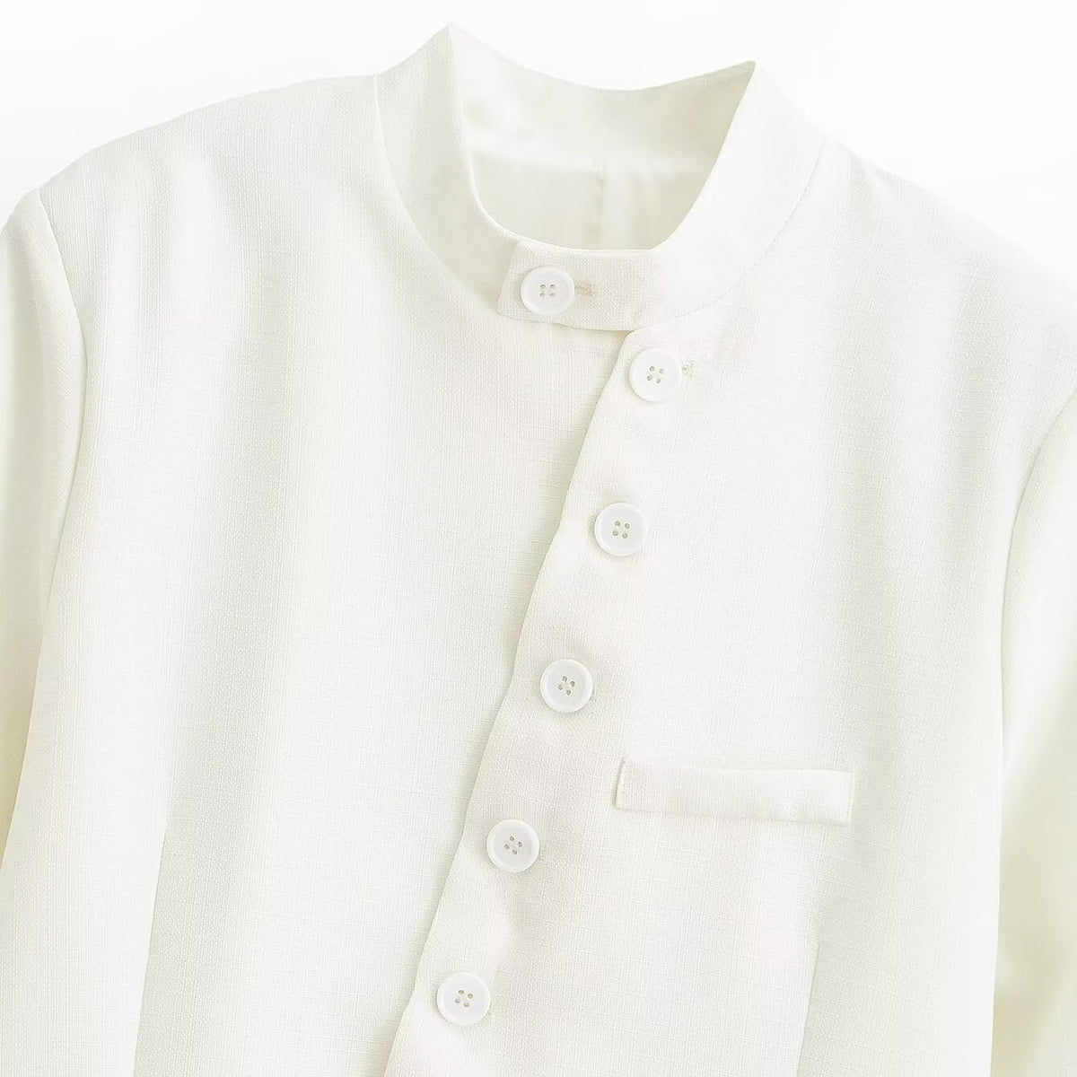 Women's asymmetrical buttoned short blazer with stand-up collar and patch pockets EVA-US