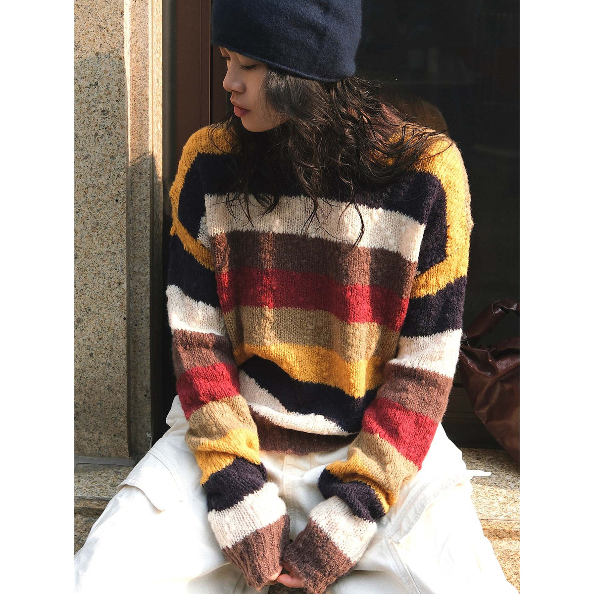 Women's Soft Fluffy Striped Sweater with Loose Silhouette EVA-US