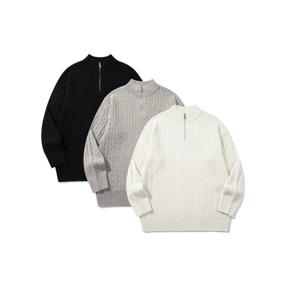 Unisex Cable Knit Half-Zip Sweater with High Ribbed Collar and Longer Hem EVA-US