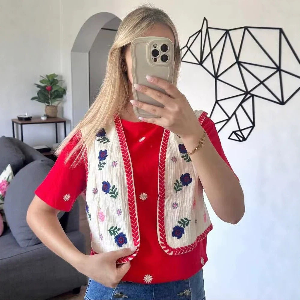 Women's Embroidered Short Vest in Boho Chic with Floral Applications EVA-US