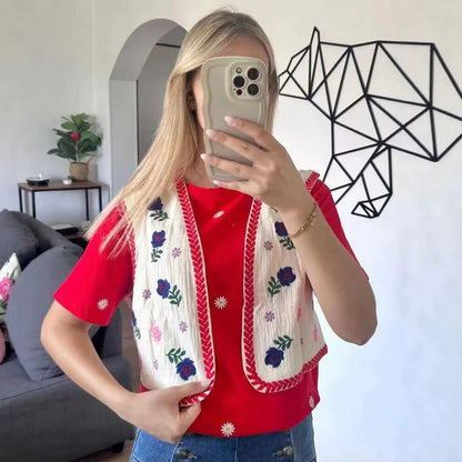 Women's Embroidered Short Vest in Boho Chic with Floral Applications EVA-US
