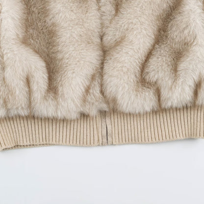 Women Faux Fur Vest with Zipper, Ribbed Collar and Elastic Cuffs EVA-US