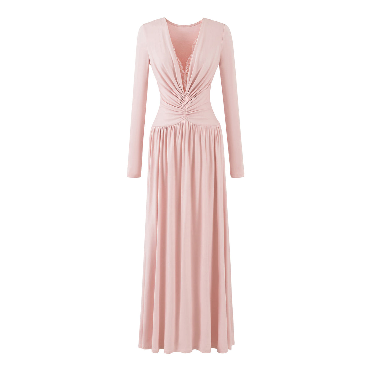 Women Maxi Dress with Ruched Wrap Top, Deep V-Neck and Lace Trim EVA-US