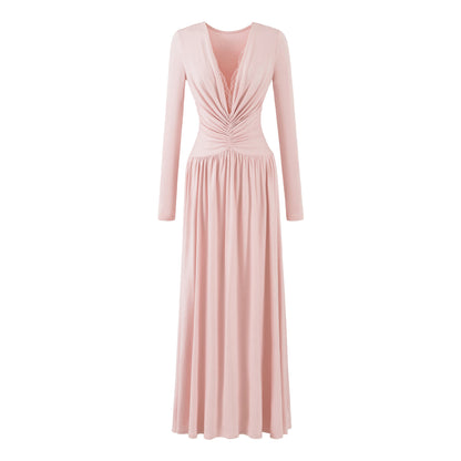 Women Maxi Dress with Ruched Wrap Top, Deep V-Neck and Lace Trim EVA-US