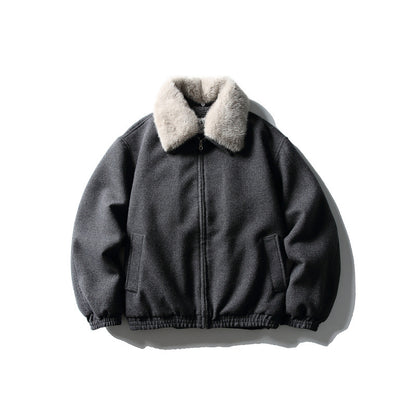 Men's Short Boxy Wool Blend Pilot Jacket with Faux Fur Collar and Elastic Hem EVA-US