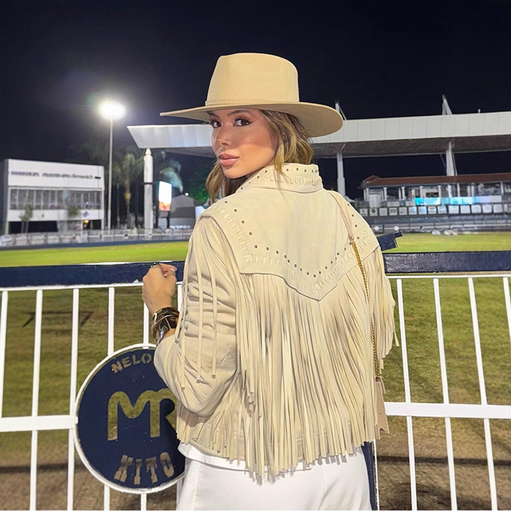 Women's Cropped Suede-Style Fringe Jacket with Stud Application EVA-US