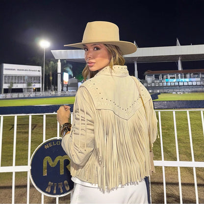 Women's Cropped Suede-Style Fringe Jacket with Stud Application EVA-US