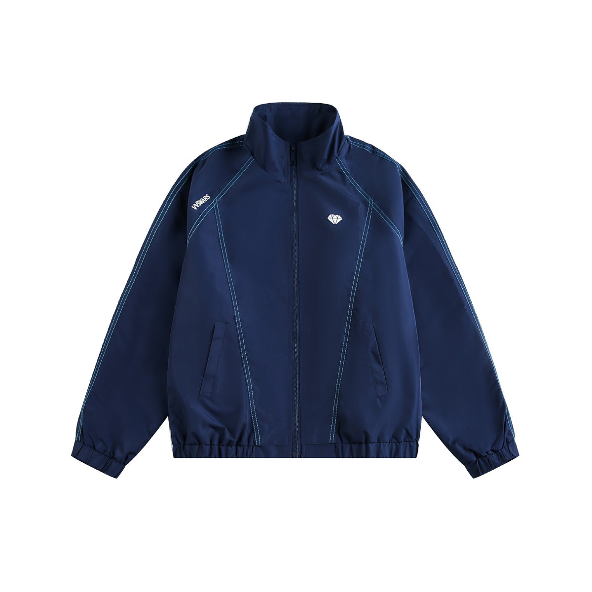 Unisex sporty lightweight training jacket with stand-up collar, contrast stitching, and elastic hem EVA-US