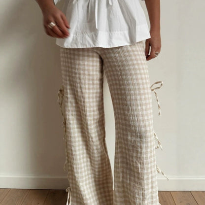 Women High-Waist Linen-Look Pants with Gingham Check, Wide Leg & Side Tie Details EVA-US