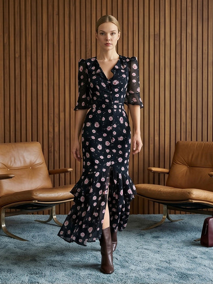 Women Tailored Chiffon Midi Dress with V-Neck, Three-Quarter Sleeves and Tiered Ruffles