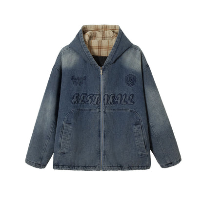 Men's Washed-Denim Hoodie in Oversized Look with Checked Lined Hood EVA-US