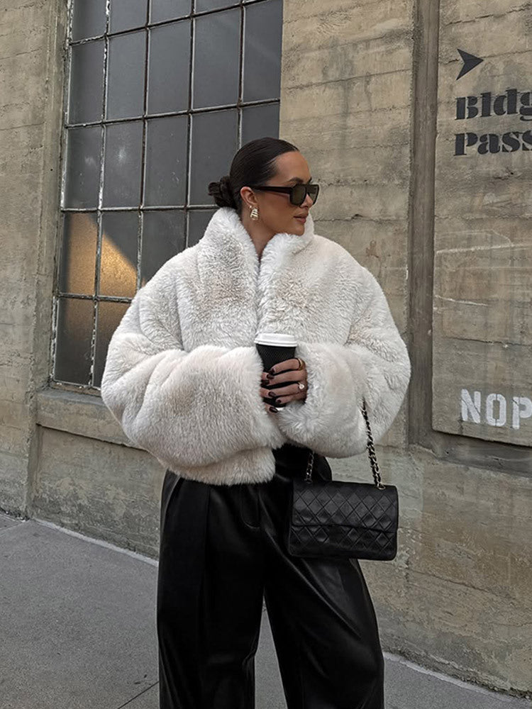 Women's Short Cozy Faux-Fur Bomber Jacket with Voluminous Shawl Collar and Boxy Silhouette EVA-US