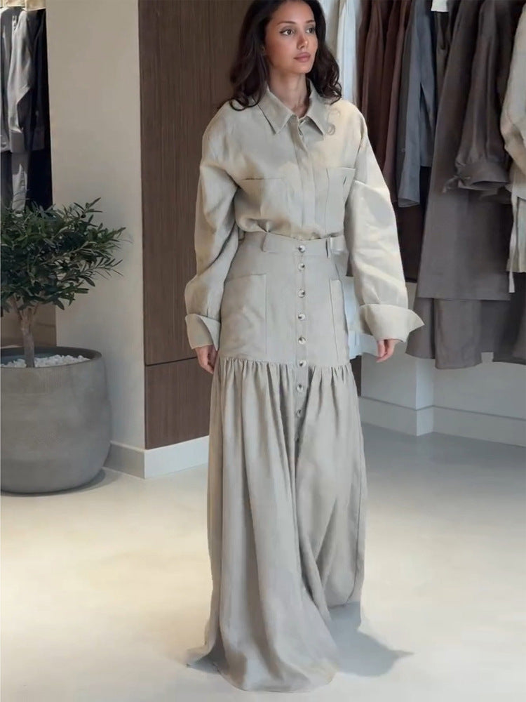 Women Two-Piece Oversized Shirt and Maxi Skirt Set with High Waist & Continuous Button Placket EVA-US