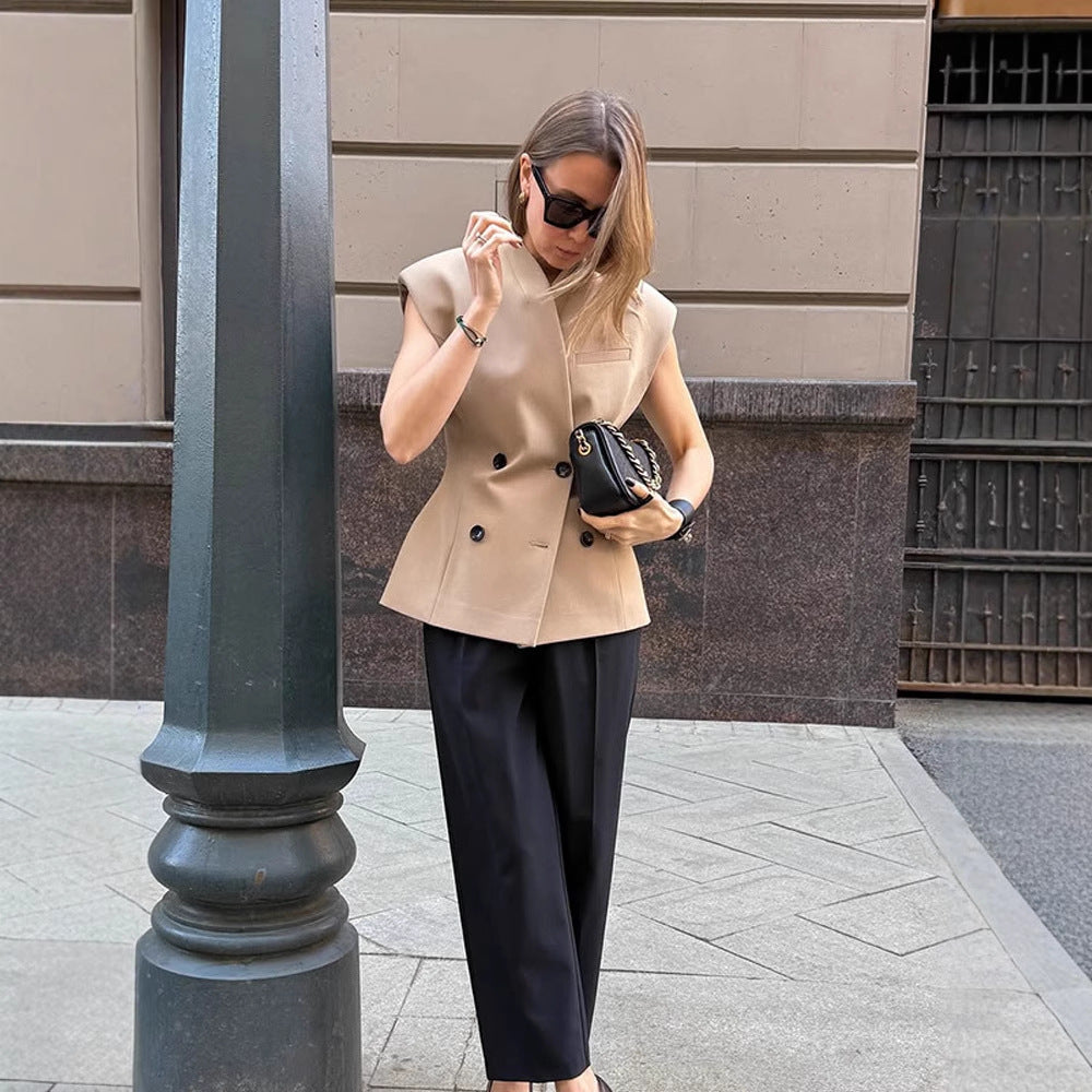 Women Sleeveless Tailored Blazer Vest with Double Button Placket & Structured Shoulder Area EVA-US