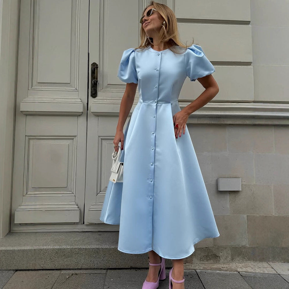 Ladies' midi dress made of satin with voluminous puff sleeves, fitted A-line and continuous button placket EVA-US