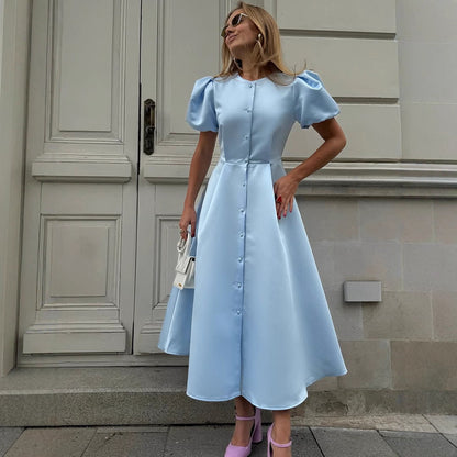 Ladies' midi dress made of satin with voluminous puff sleeves, fitted A-line and continuous button placket EVA-US