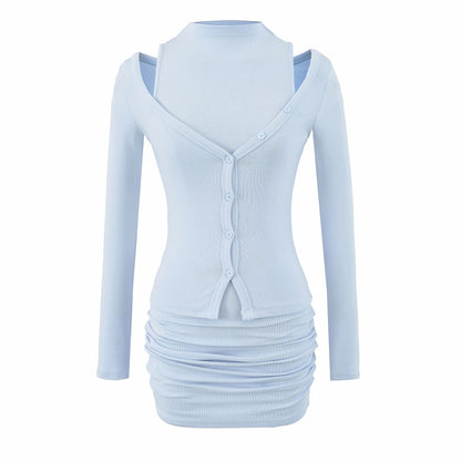 Ladies two-piece knit set with integrated high neck vest and asymmetric button cardigan EVA-US