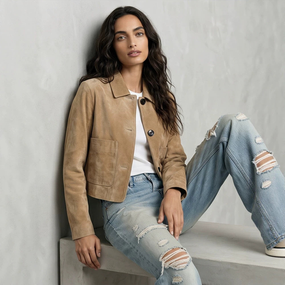 Women Short Suede Jacket in Clean-Cut with Patch Pockets EVA-US