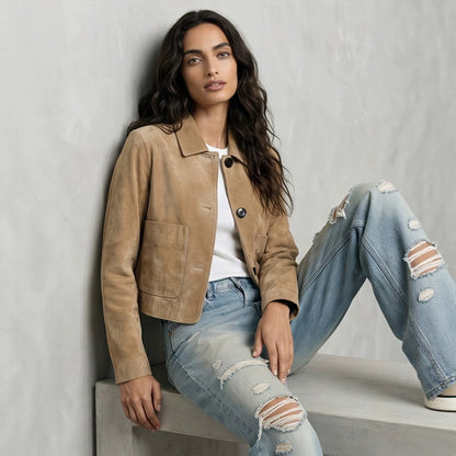 Women Short Suede Jacket in Clean-Cut with Patch Pockets EVA-US