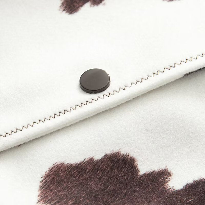 Women's Cropped Shirt Jacket in Boxy Cut with Cow Spot Print and Press Stud Placket EVA-US