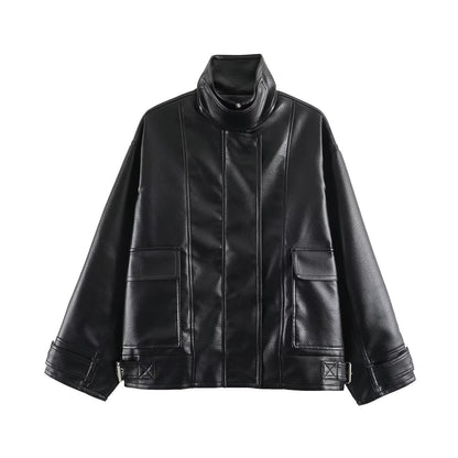 Women's Oversized Faux Leather Jacket with High Funnel Collar and Patch Pockets EVA-US