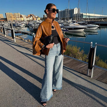 Women Cape-Sleeved Leather Jacket with Stand Collar EVA-US