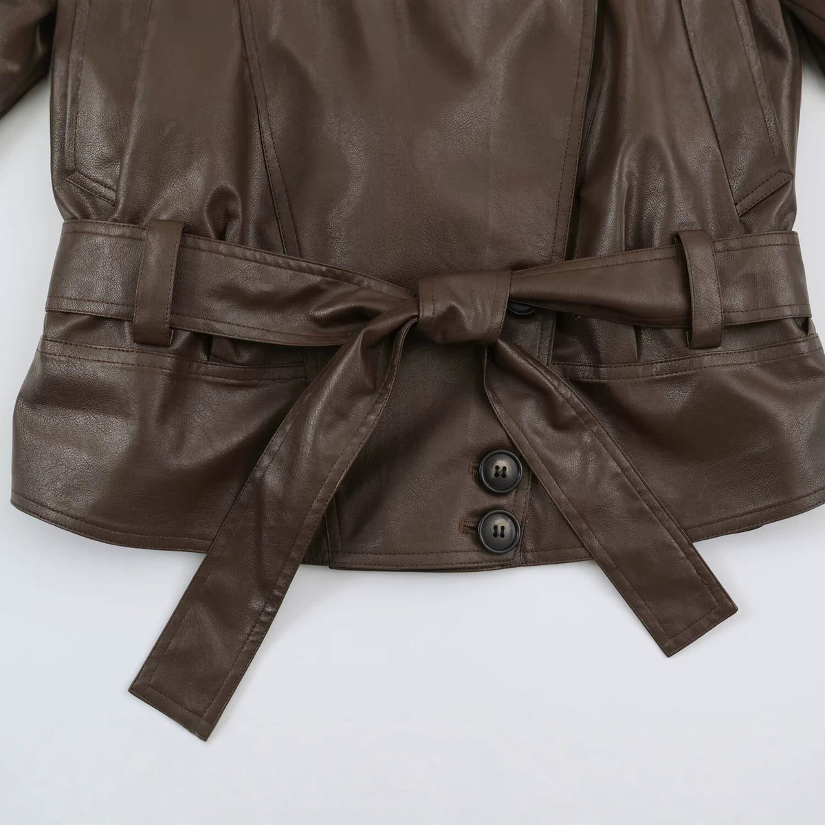 Women Tailored Leather Look Jacket with Asymmetrical Button Placket and Ties Belt EVA-US