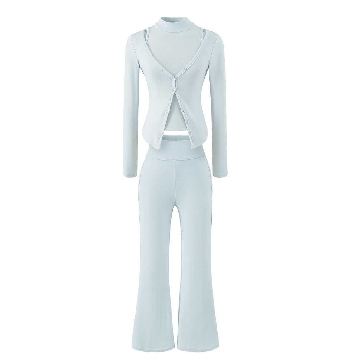 Women Figure-Hugging Layering Set with Turtleneck Long Sleeve and Asymmetrical Button Jacket and Flared High-Waist Pants EVA-US